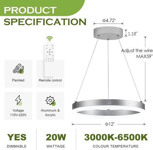 Vista 110 de Benkut Lámpara de Araña de Anillo LED Moderna Negra para Comedor, Lámpara de Araña de Techo Circular Empotrada Regulable con Control Remoto