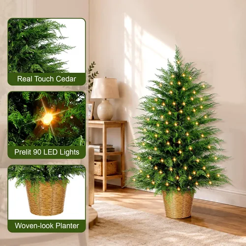Vista 6 de Árbol de Navidad de cedro artificial preiluminado de 3 pies con luces enchufables, árbol de Navidad en maceta de cedro sintético en cesta decorativa