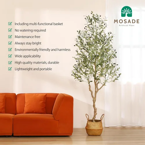 Vista 5 de MOSADE Árbol de olivo artificial de 7 pies de planta de seda de olivo artificial y canasta de hierba marina hecha a mano, árbol de seda topiario