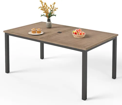 Vista 11 de PHI VILLA Mesa rectangular de comedor con listones de acero metálico para 6 personas con agujero ajustable para paraguas, resistente a la intemperie