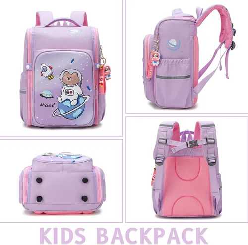 Vista 5 de Maod Mochilas para niñas y niños, mochila escolar para niña con hombros acolchados y un colgante gratis, Púrpura, Mochila infantil para niñas