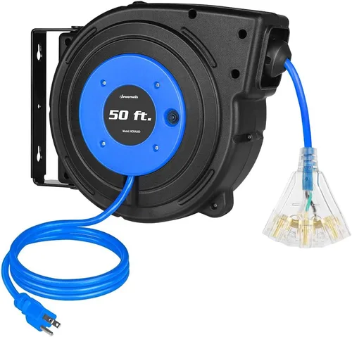 Vista 9 de DEWENWILS - Carrete de cable de extensión retráctil, cable de alimentación resistente de 50 pies, 14/3AWG SJTOW, tomas triples iluminadas, disyuntor