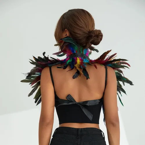 Vista 3 de Lentejuelas de plumas naturales Shrug Shrug Chal Capa Cuello Gótico Victoriano Plumas Chal de Halloween Dress Up