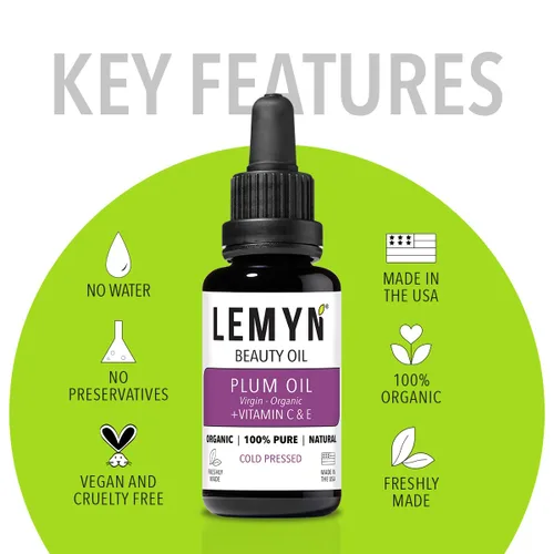 Vista 5 de Lemyn Organics Aceite facial de grano de ciruela, sobrealimentado con vitamina C y E, recién hecho, hidratación y brillo lujosos, orgánico