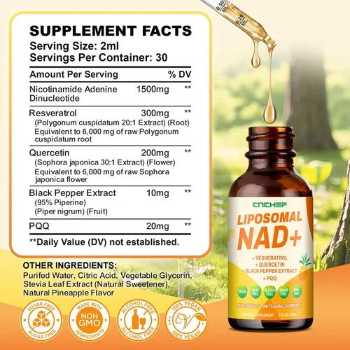 Vista 4 de Suplemento liposomal NAD – 1500 mg NAD+ gota líquida para mujeres y hombres nicotinamida adenina dinucleótido y complejo de resveratrol – Renovación