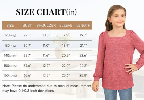 Vista 6 de BZB Camisas de manga larga para niñas, estilo casual, cuello cuadrado, túnica para otoño e invierno, ropa de 5 a 14 años
