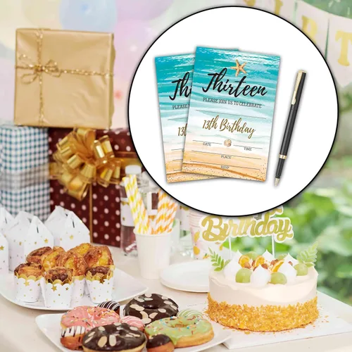 Vista 3 de Invitaciones de cumpleaños de playa A01 – Tarjetas de relleno para fiesta de cumpleaños número 13 para niños y niñas (20 invitaciones con 20 sobres)