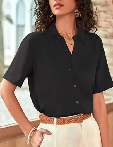 Vista 3 de Zeagoo Camisas de vestir de manga corta con botones para mujer, blusas básicas de trabajo con cuello de negocios