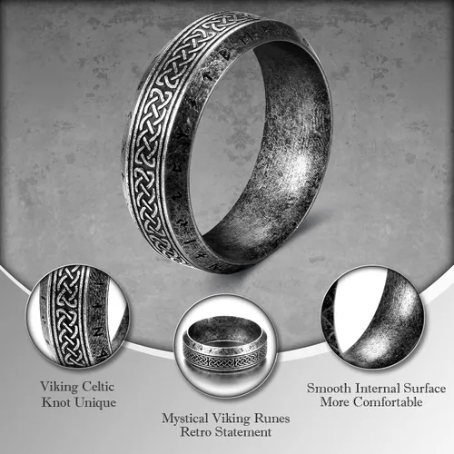 Vista 2 de Dochais 3 anillos vikingos para hombres, anillos vikingos nórdicos para hombre, anillos de acero inoxidable, vintage, anillo de runas celtas, anillo