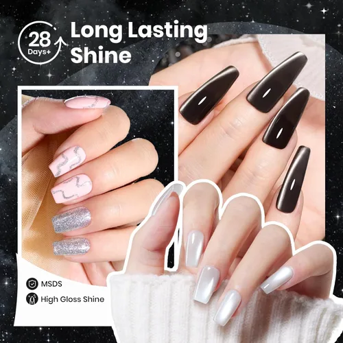 Vista 6 de Beetles - Juego de esmaltes de gel blanco y negro, 6 colores plateados, ojo de gato, purpurina brillante con imán, arte de uñas UV LED, hogar, salón