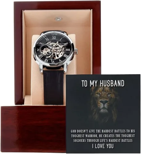 Vista 2 de Reloj To My Husband Regalo para el día del padre Regalo para marido de esposa Wife Loves Husband Reloj calado de lujo para hombre con caja