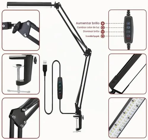 Vista 7 de Lámpara de escritorio LED con 3 modos de cuidado de los ojos, 10 brillo; lámpara flexible larga y ajustable con brazo oscilante para trabajadores