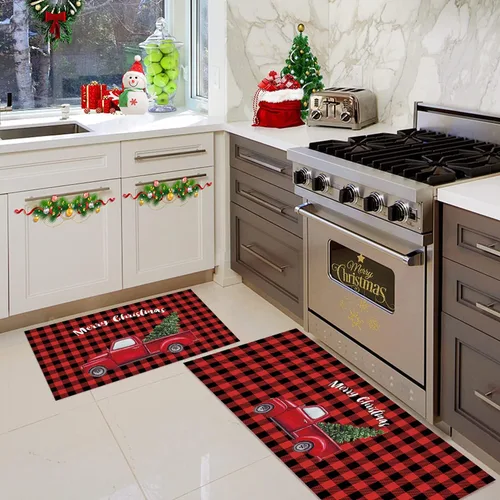 Vista 4 de Juego de alfombras y tapetes de cocina de Navidad, tapete de búfalo rojo a cuadros, antideslizante, tapete lavable para interiores