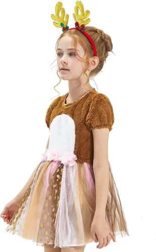 Vista 2 de IKALI Girls Deer Fawn Costume Toddlers Kids Christmas Fancy Tutu Dess Animal Dress Up Reindeer Outfit