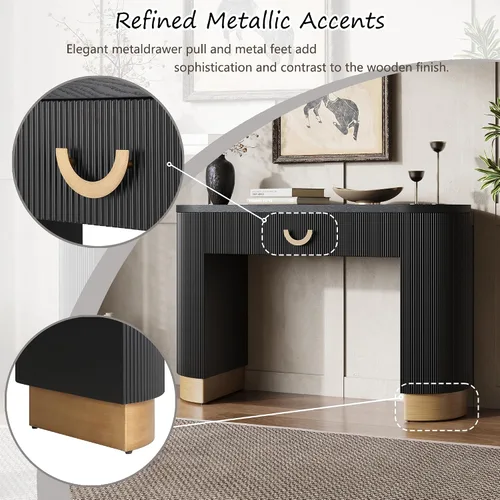 Vista 4 de Mesa consola moderna con diseño acanalado vertical, mesa de entrada de almacenamiento compacta con cajón funcional para sala de estar Negro-ww33