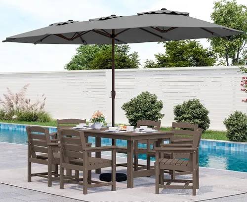 Vista 48 de SERWALL Juego de mesa de comedor de 7 piezas, muebles de comedor de polietileno de alta densidad para exteriores con agujero para paraguas y 6 Negro
