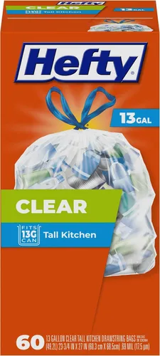 Vista 5 de Bolsas para Basura de Reciclaje Hefty, Transparente, 13 Galones, 60 Unidades 13G Kitchen Trash Bags, Drawstring Closure, Puncture-Resistant, Use