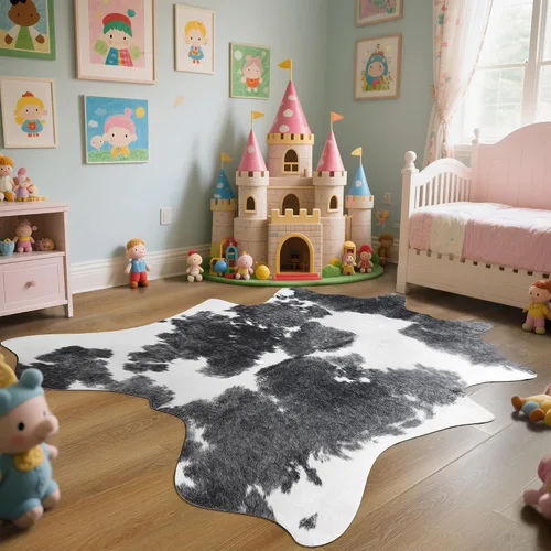 Vista 29 de Easycozy Alfombra de piel de vaca sintética con gran estampado de vaca, 3 x 4 pies, alfombra gruesa y elástica para dormitorio, sala de estar