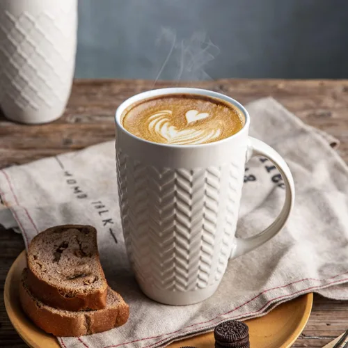 Vista 5 de AmorArc Juego de 6 tazas de café extragrandes de cerámica de 20 onzas con patrones geométricos texturizados para café, té, cerveza, cacao caliente