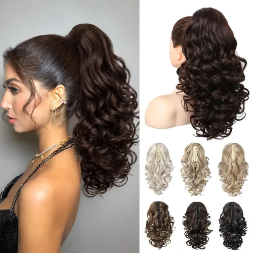 Vista 23 de REECHO Extensión de cola de caballo de 12 pulgadas, pinza de cola de caballo rizada y ondulada clásica para mujeres - Negro