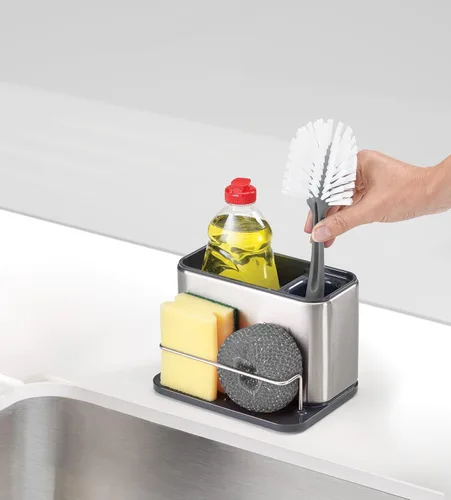 Vista 5 de Joseph Joseph 85112 - Organizador de esponja de acero inoxidable para fregadero de superficie, drenajes ordenados, para cocina, grande, color gris