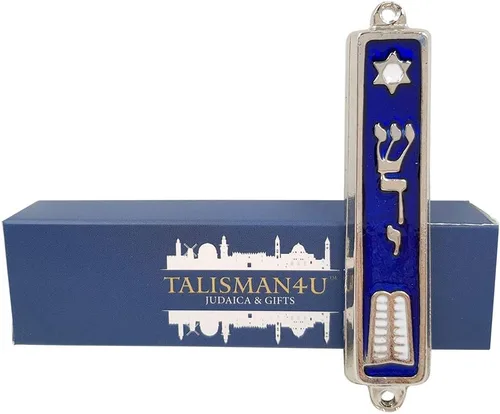 Vista 6 de TALISMAN4U Mezuzah de puerta de los diez mandamientos con esmalte azul