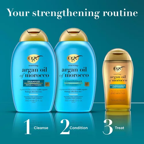 Vista 6 de OGX Renewing + Aceite de Argán de Marruecos para el Cabello, tratamiento de suero penetrante extra fuerte para cabello seco, dañado, encrespado