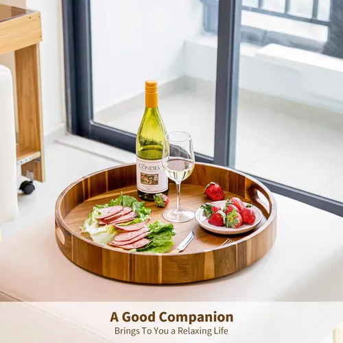 Vista 6 de Bandeja extra grande de 20" de madera de acacia con asas - Bandeja de madera para otomano, mesa de café, charcutería, cama y desayuno