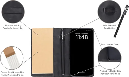 Vista 4 de MOJO - Funda para teléfono con bloc de notas para iPhone 13, 14 y 15, funda plegable con mini bolígrafo y bloc de notas (negro)