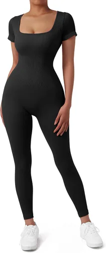 Vista 5 de SUUKSESS Monos acanalados de una pieza para mujer, de manga corta, para yoga