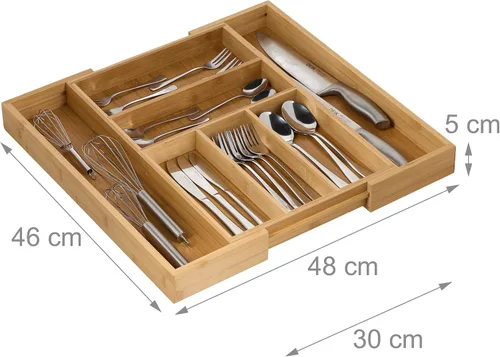 Vista 3 de Relaxdays Organizador de cajones de cocina de bambú extensible y ajustable para cubiertos, 30 a 18.9 in, 5 a 7 compartimentos, color marrón