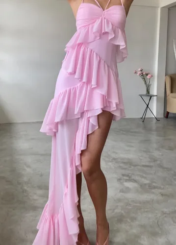 Vista 4 de Vestido largo sexy de malla transparente con volantes para mujer, estilo Y2K, con tirantes delgados, con abertura, para fiesta en discotecas