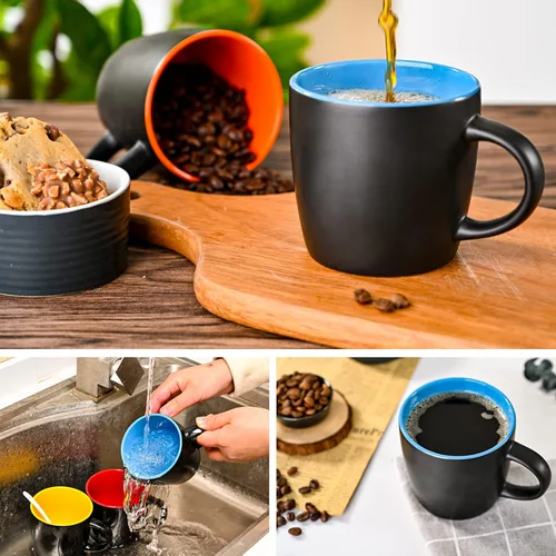 Vista 7 de BYCNZB Juego de tazas de café de cerámica de 11 onzas, tazas de porcelana negra mate, varios colores, tazas para café, té, jugo, cacao, juego de 6