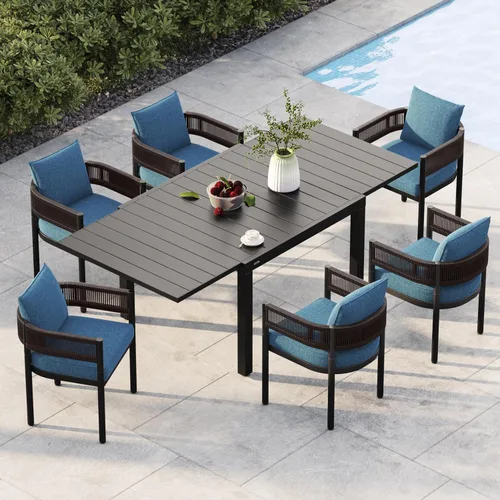 Vista 14 de Juego de comedor al aire libre Grand Patio de 5 piezas para 4, sillas de patio fijas de mimbre tejido metálico con cojines engrosados y 1 mesa
