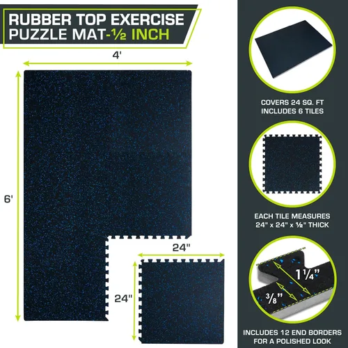 Vista 2 de ProsourceFit Tapete de Ejercicio de Rompecabezas con Superficie de Goma de ½ pulgada, 24 pies cuadrados (PIES²), 6 baldosas, baldosas entrelazadas