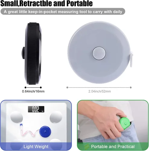 Vista 2 de Cinta métrica métrica para el cuerpo, cinta métrica suave retráctil de 60 pulgadas, pequeña regla de cinta de tela de costura para cintura de tela