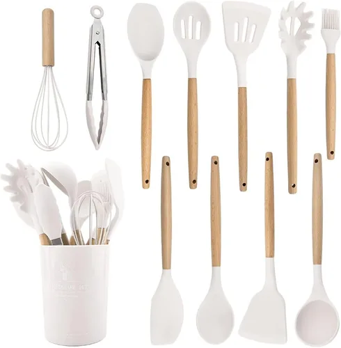 Vista 14 de Juego de utensilios de cocina de silicona negra con soporte de cubo de almacenamiento, mango de madera antiadherente, utensilios de cocina