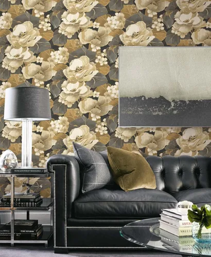 Vista 7 de NextWall Nouveau - Papel tapiz floral para despegar y pegar (ébano y oro antiguo)