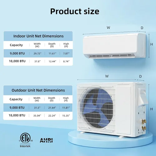 Vista 7 de Sistema de calefacción mini split de 9000 BTU, aire acondicionado mini split de 19 SEER2 de bajo ruido, unidad de CA de montaje en pared, enfría