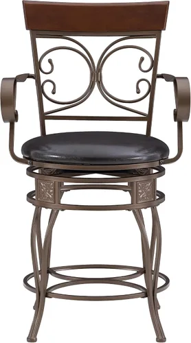 Vista 11 de Powell Dayne - Taburete grande y alto de 24 asientos con brazos en metal de bronce oscuro con asiento acolchado de piel sintética marrón oscuro