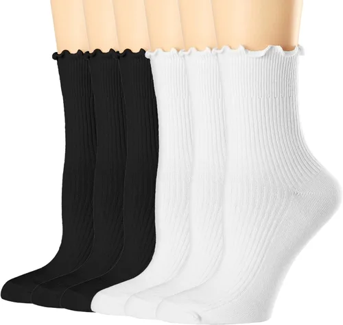 Vista 14 de Mcool Mary Calcetines para mujer, con volantes, estilo casual, transpirables, de punto, de algodón, con volantes, paquete de 6