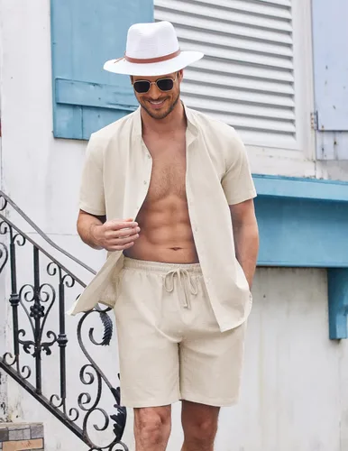 Vista 3 de COOFANDY Conjunto de 2 piezas de ropa de playa de lino para hombre