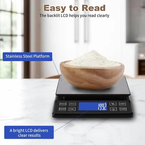 Vista 8 de SEMIER Báscula digital de cocina con alta precisión de 0.1 g/0.001 oz, báscula de panadería de alimentos de 5 kg/11 lb con % de función