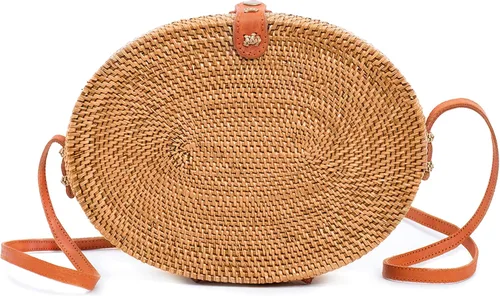 Vista 10 de Novum Crafts Bolso de ratán hecho a mano - Bolso cruzado de mimbre de paja marrón