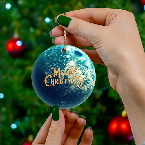 Vista 4 de Adorno de Navidad de cerámica impreso de dos caras del universo y los planetas, novedad para familiares, amigos, niños, colgantes cósmicos