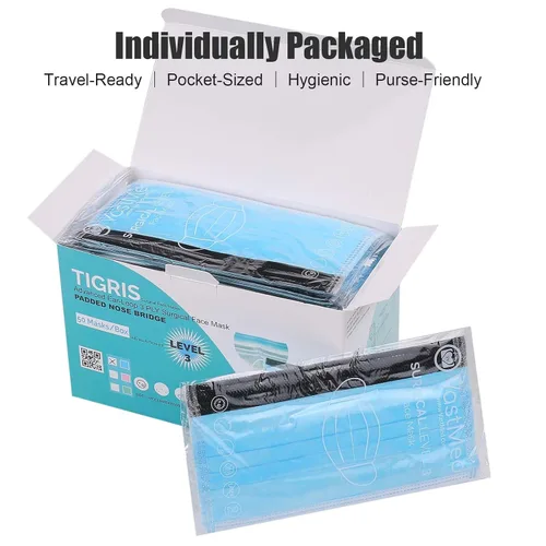 Vista 2 de 50 máscaras faciales de espuma antivaho Tigris azul 3 capas nivel 3 máscara transpirable empaquetada individualmente para uso en interiores