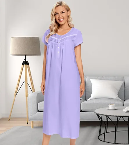 Vista 5 de IZZY + TOBY Camisón de algodón para mujer, largo, ligero, manga corta, suave, pijama