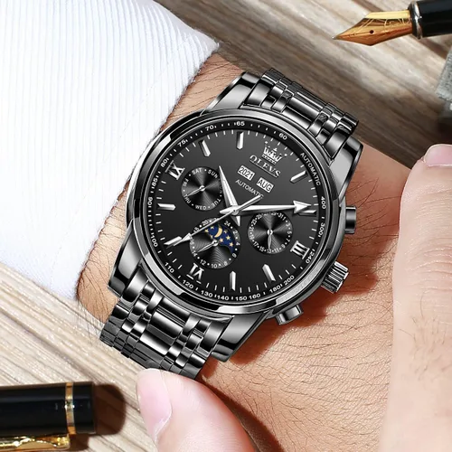 Vista 3 de OLEVS Relojes automáticos para hombre de cuerda automática reloj de pulsera calendario multifunción botón oculto pantalla de sol luna impermeable