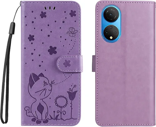 Vista 10 de Funda para Honor X7, diseño de estampado de gato y abejas de cuero de primera calidad, con función atril y cierre magnético