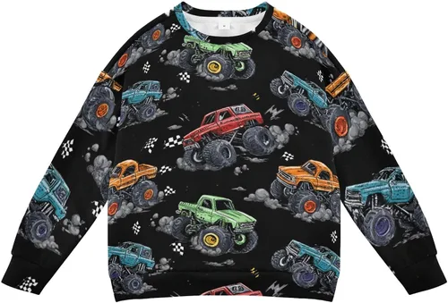 Vista 49 de Plaaee Sudadera de forro polar de manga larga con cuello redondo para niños o niñas, estampado de camiones monstruos, 4T